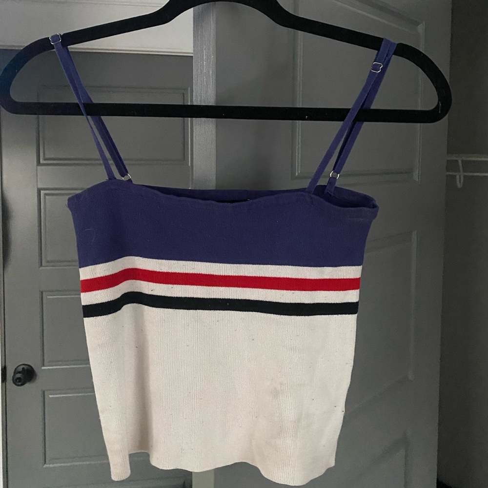 cropped blue, red, black, white stripped top
